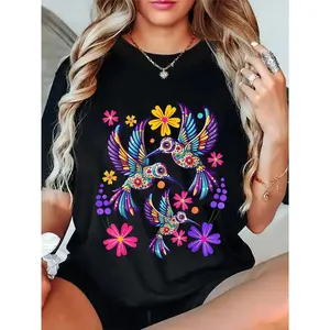 100%25 Cotton Unisex Hummingbird Colorful Mexican Flowers Bird Floral Nature T-Shirt,Unisex Crewneck T-shirt for Men And Women
